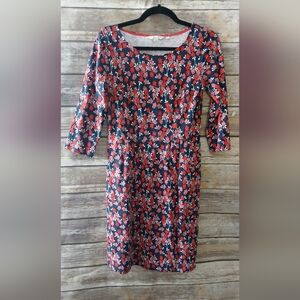 Boden Long Sleeve Floral Dress in Red/orange/navy, 6P, Cotton